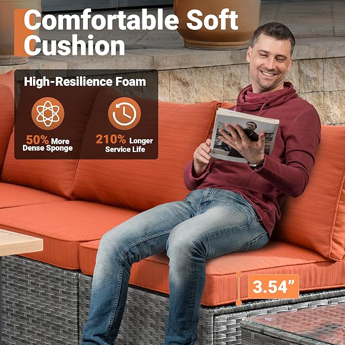 ovios Outdoor 7 Piece Coversation Set with Coffee Table,Sectional Patio Furniture Set with All-Weather Wicker Sofa,Modern Outside Couch for Balcony Backyard Pool, Orange