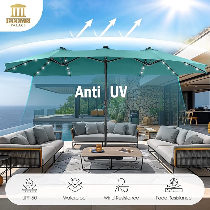 HERA'S PALACE 15ft Patio Umbrella with Base Included Double Sided Outdoor Umbrella for Patio Table Umbrella Outdoor 36 LED Solar Lights for Garden