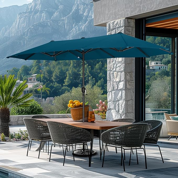 GREEN PARTY 13ft Rectangle Patio Umbrella, Double Sided Outdoor Table Umbrella with Crank & 1.5" Pole, Large Market Umbrella for Poolside Garden Deck Backyard, Cerulean