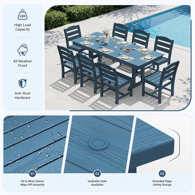 KINGYES Outdoor Armless Dining Chairs Set of 6,All-Weather HDPE Patio Chairs for Backyard,Pooside,Blue