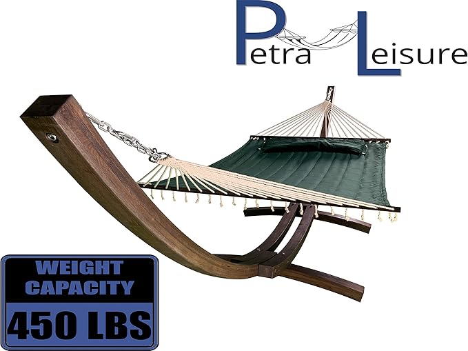 14 Ft. Wooden Arc Hammock Stand + Deluxe Quilted Double Padded Hammock Bed w/Pillow. 2 Person Bed. 450 LB Capacity(Coffee Stain/Elegant Hunter Green)