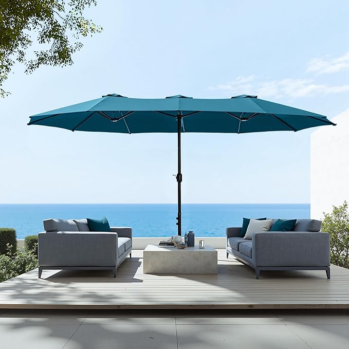 Sophia & William 15 ft Extra Large Patio Umbrella with Base Included, Rectangular Outdoor Umbrella Heavy Duty, Market Umbrella Double-sided Fade Resistant for Pool Garden Backyard, Cyan-blue