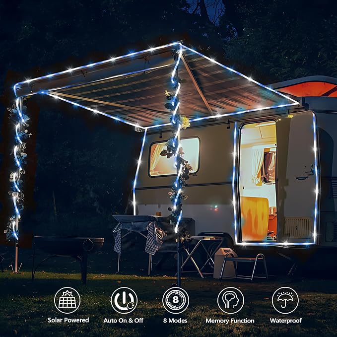 Jnaurb Solar Rope Lights, 66ft 200LED Solar String Lights, 8 Modes Waterproof Solar Outdoor Light, Flexible Clear Trampoline Light for Garden Backyard Patio Deck Porch Pool Tree Decor - White & Blue