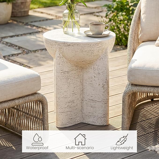 COSIEST Outdoor Side Table White, MgO Concrete Side Table, Lightweight Outdoor Accent Table with Faux Natural Slate Rock, Cylinder Patio Table Top Plant Stand for Garden and Deck
