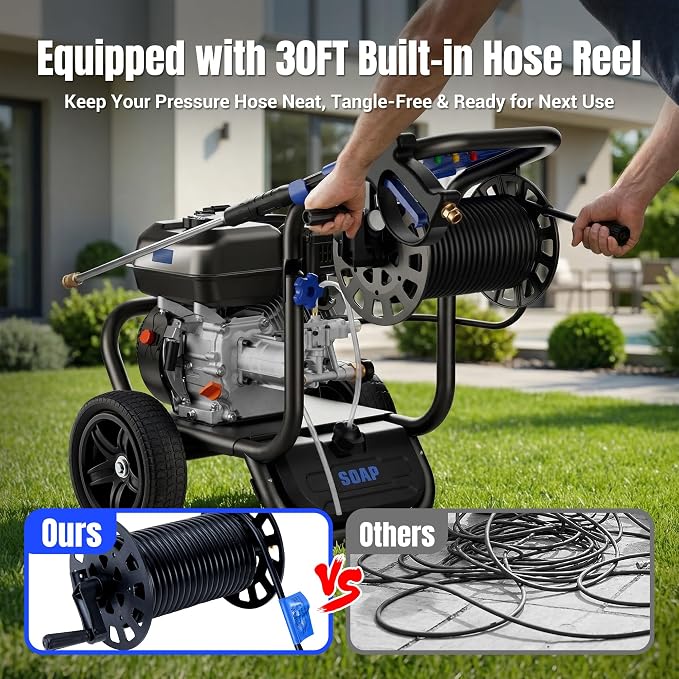 Gas Pressure Washer 3600 PSI with Hose Reel, 2.3 GPM Heavy Duty High Power Washer, 212CC Engine with 30FT Hose, Axial Aluminum Pump, Soap Tank, 5 Quick Connect Nozzle, 3.6L Gas Tank (Navy Blue)