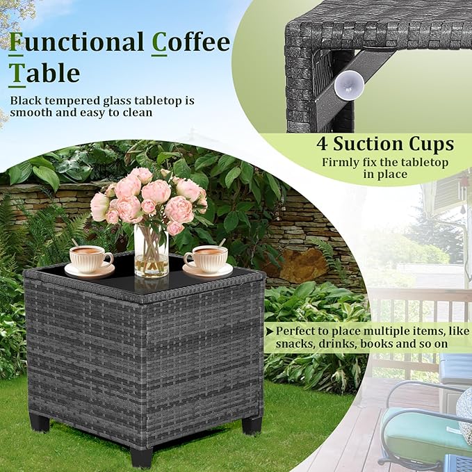 ORALNER Patio Furniture, 3 Pieces Outdoor Wicker Conversation Set Chairs with Soft Cushions and Glass Coffee Table, Rattan Bistro Set for Balcony Garden Deck Front Porch Poolside (Black)