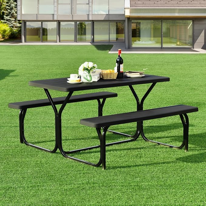 S AFSTAR Picnic Table, 59” Plastic Picnic Table with Benches, Steel Frame & Wood-Like Texture Tabletop, Expanded Rectangular Camping Table Chair Set for Garden Patio Lawn Deck (Black)