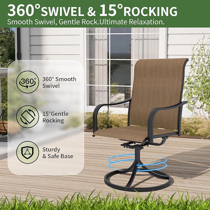 Anmutig 7-Piece Outdoor Patio Dining Set with 6 Swivel Chairs, Outdoor Furniture Steel Frame Slat Rectangular Table with 1.57" Umbrella Hole for Backyard, Brown