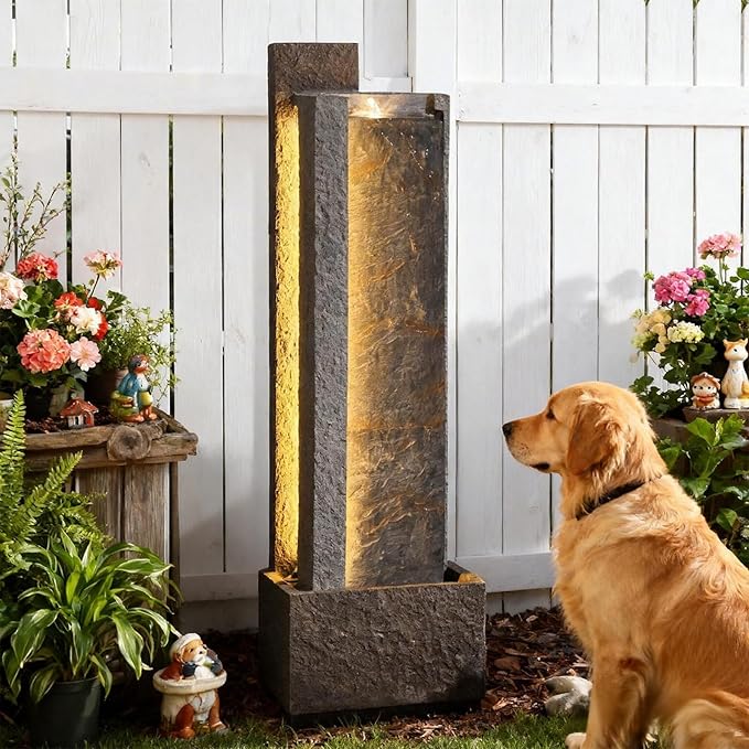Sunlinua 43H Modern Outdoor Water Fountain with LED Light Garden Cascading Waterfall Feature for Indoor or Outdoor Cascading Waterfall for Relaxing Garden Patio Backyard Deck Porch or Home Décor