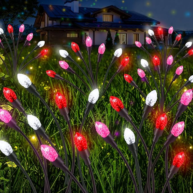 Rossesay 4 Pcs St Patricks Day Outdoor Decorations Solar Lights Waterproof Green 48 LED Swaying Pathway Firefly Stake Lights for Outside Yard Garden Lawn Decorations(Pink White,Pine Cone)