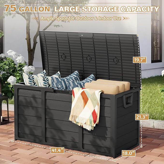 75 Gallon Outdoor Deck Storage Box - Heavy Duty Resin Container with Lockable Lid & Handles for Patio, Garden, Yard - Weatherproof (Black)