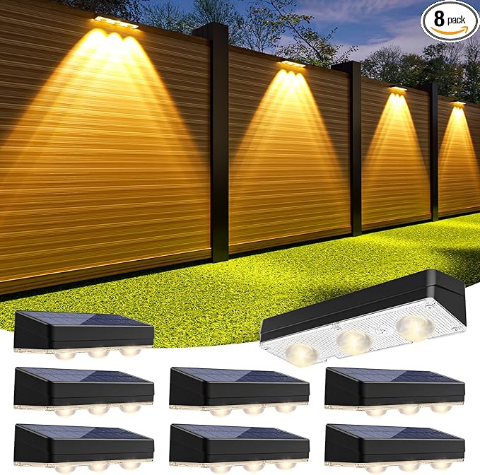 JOFIOS Solar Fence Lights Outdoor,1300mAh,Warm/Natural/Cool White,IP65 Waterproof,6 inch Fence Lights Solar Powered,Solar Lighting for Deck, Backyard, Railing(8Pack Black)