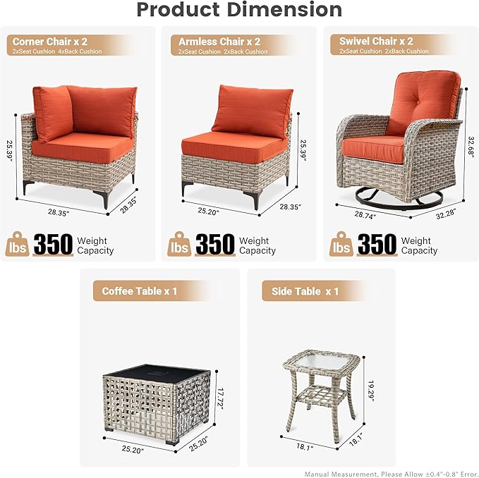 Outdoor Patio Furniture Sets, 8 PCS Patio Conversation Set Outside Rattan Sectional Sofa with Wicker Rocking Chairs Coffee Table Soft Cushion Fit Backyard Porch Garden Poolside Balcony