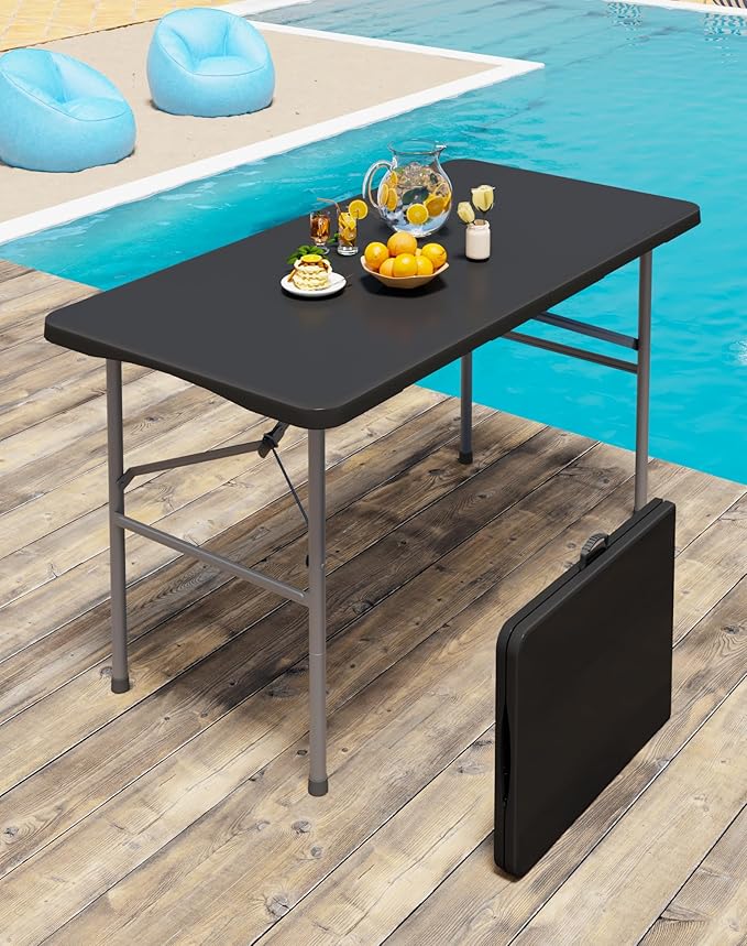 4FT Black Folding Table for Outdoor, 4 Foot Picnic Tables No Assembly Required Portable, Black Foldable Table for Camping, Parties, Meeting, Events, Wedding, BBQ, with Carrying Handle