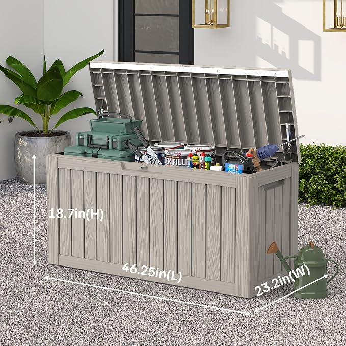 Outdoor Deck Storage Box, 90 Gallon Waterproof Deck Box, Resin, Lockable Patio Storage Box for Pool Accessories, Garden Tools, Cushion, Large Package Delivery，Weatherproof & UV-Resistant Storage Bench