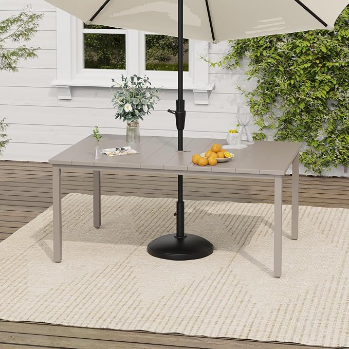 VICLLAX Outdoor Table for 6, Metal Patio Dining Table with Umbrella Hole for Garden Lawn Deck Backyard, Sandshell Tabletop