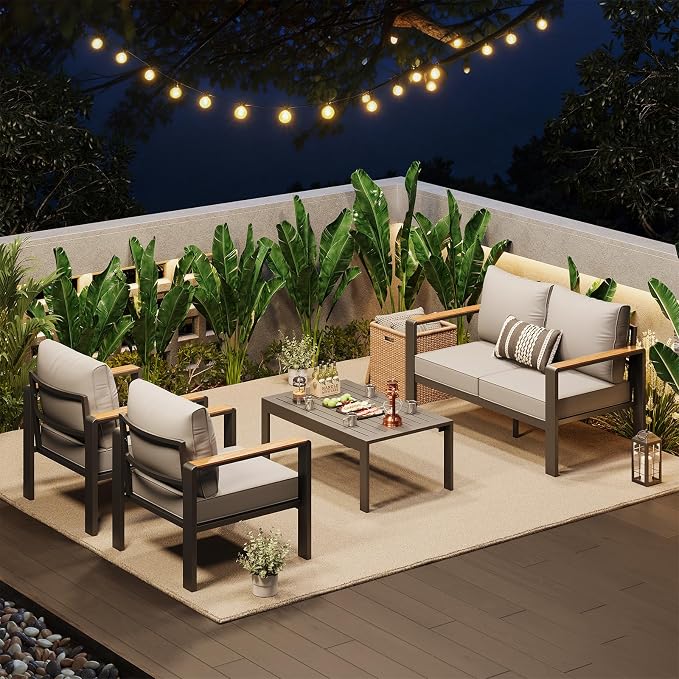 Garvee Aluminum Patio Furniture Set 4 Seats, Generous Outdoor Sectional with Washable Thick Cushions and Coffee Table, Patio Conversation Sets for Porch, Balcony, Deck, Yard