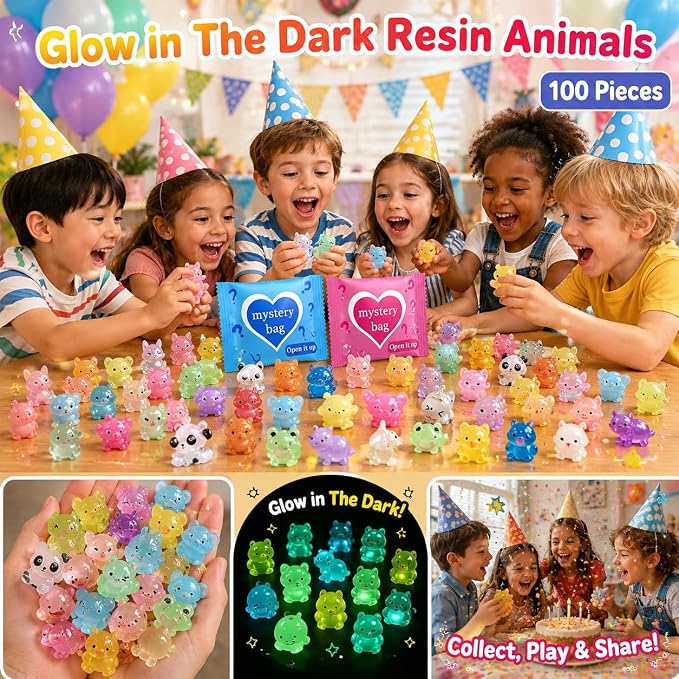 100 PCS Mystery Bag Mini Resin Animals, Glow in The Dark Tiny Animal Figurines Blind Bags Bulk, Cute Mini Resin Figures Surprise Box Toys for Kids, Classroom Prizes Goodie Bag Stuffers Party Favors