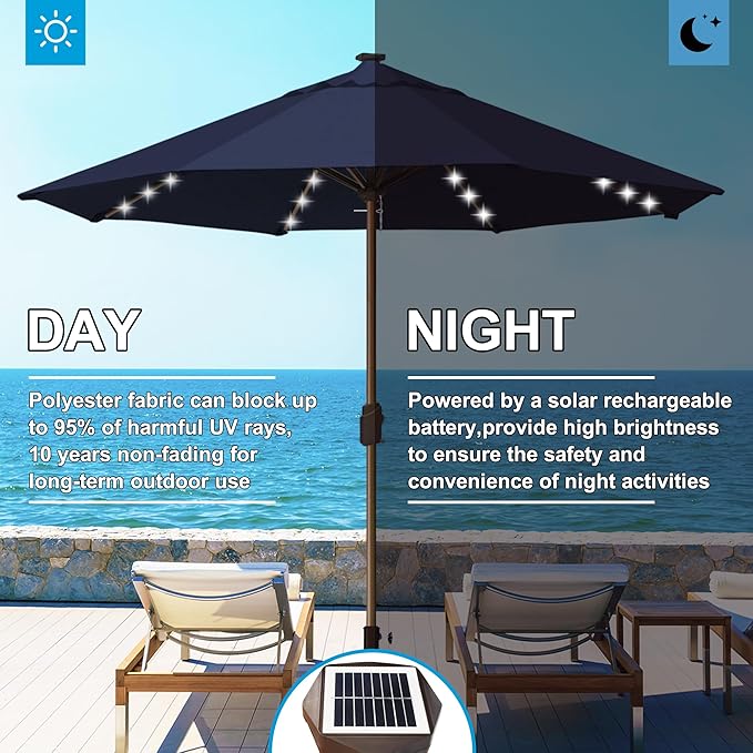 Eurmax USA 10-Year-Non-Fading 10FT Outdoor Patio Market Umbrella with LED Lights,UPF50+ UV Resistant,Heavy Duty Commercial Grade,Crank Lift Design,Windproof Vented Top for Garden,Pool,Deck,Navy Blue