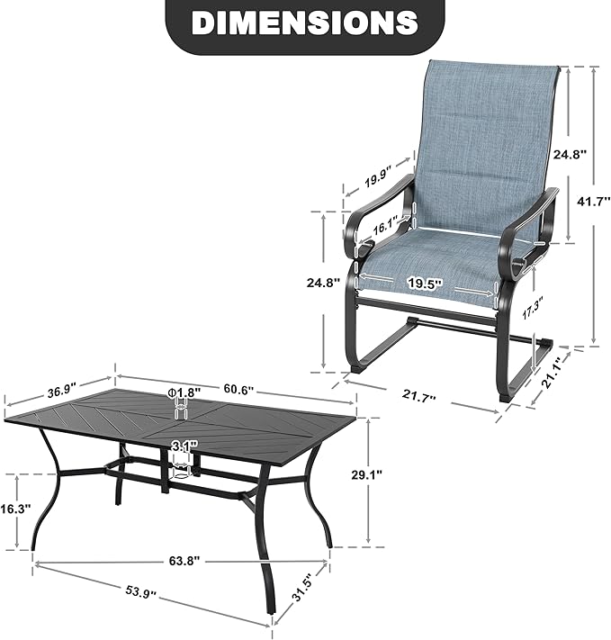 NUU GARDEN 7-Piece Outdoor Patio Dining Set with 6 Padded Textilene C-Spring Chairs and 61 x 37 Inch Table with 1.8 Inch Umbrella Hole for Patio Deck Garden Backyard Indoor Outdoor Use Black Blue
