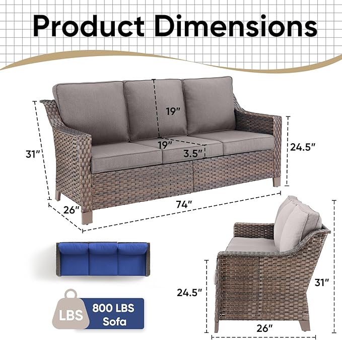 Outdoor Couch Wicker Patio Sofa-3-Seat High Back Outdoor Rattan Sofa Outdoor Patio Couch for Deck Balcony Poolside Backyard-Brown/Grey