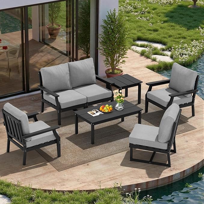 HDPE Patio Conversation Set, 7-Piece All Weather Outdoor Furniture Set with 2 Single Armchairs for Deck, Lawn, with Cushion, Black