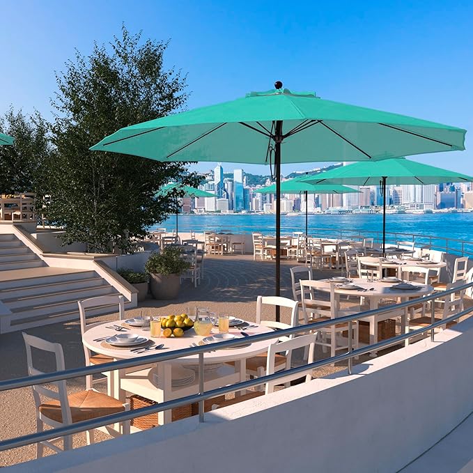 California Umbrella 11Ft Commercial Grade Sunbrella Fabric Market Umbrella, Pulley Lift, Aluminum/Fiberglass, 2mm pole wall, Bronze Frame, Aruba Fabric