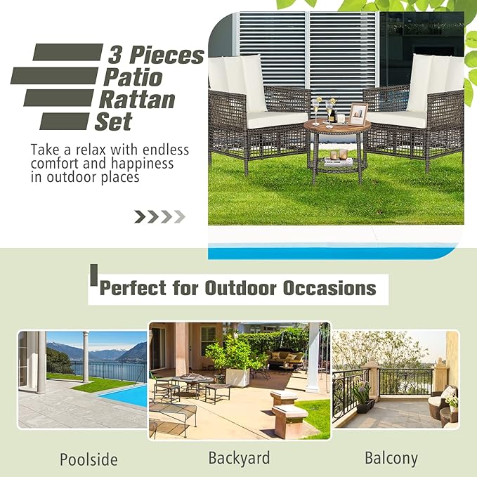 Tangkula 3 Piece Patio Conversation Set, Outdoor Rattan Chair Set W/ 2-Tier Coffee Table, Acacia Wood Tabletop, Cozy Seat & Back Cushions, Wicker Sofa Set for Backyard Poolside Front Porch (Off White)