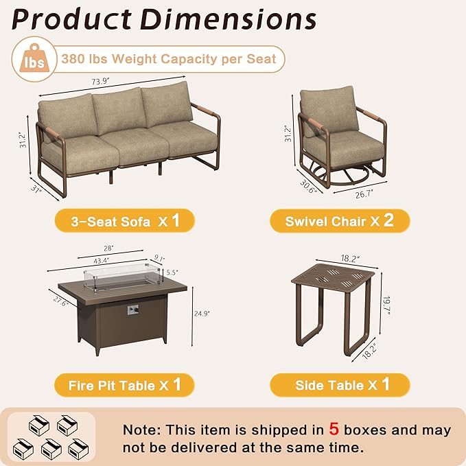 Outdoor Aluminum Patio Furniture Set, 5-Seats Patio Conversation Sofa Set with 2 Swivel Rocking Chairs and Oversized Fire Pit Table w/Glass Wind Guard, All Weather for Balcony, Garden-Brown