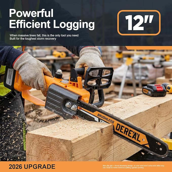 Electric Brushless Chainsaw Cordless, 12" Electric Chain Saw, 20V Battery Power Chain Saw for Tree Trimming and Branch Wood Cutting with 2 * 4.0Ah Battery and Charger