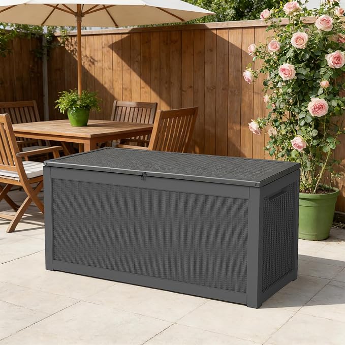 260 Gallon Outdoor Deck Boxes, IP68 Waterproof Outdoor Storage Box with Hydraulic Lid Support, Outside Resin Container for Furniture, Toy, Shoe, Garden & Patio Tools Storage -Black