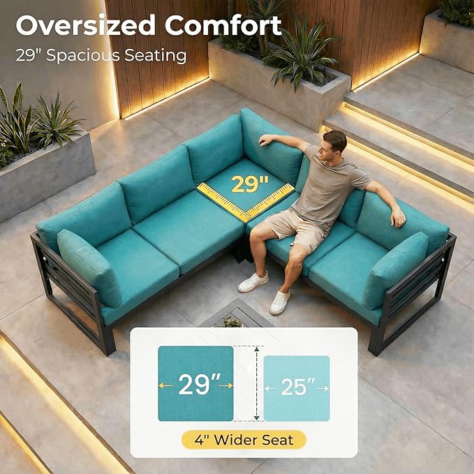 NICESOUL 15 Piece Extra Large Aluminum Patio Furniture Set with Fire Pit Table, Modular Outdoor Conversation Set with Coffee Table, 500 lbs Sturdy Comfy Sectional Sofa for Poolside Exterior, Turquoise