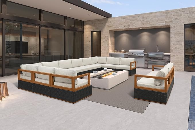PURPLE LEAF Patio Outdoor Furniture Set 13 Pieces, Premium Leather Outdoor Couch Sectional Sofa, Patio Conversation Sets with Olefin Cushions, Patio Couch for Porch, Balcony, Garden, Black
