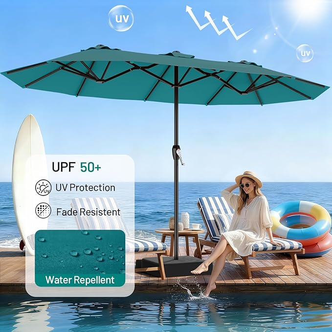 AreShark 15ft Patio Umbrella with Base, Double Sided Outdoor Umbrella with 12 Fiberglass Ribs, Large Outdoor Umbrella for Garden, Pool, Deck, Backyard & Market, Lake Blue