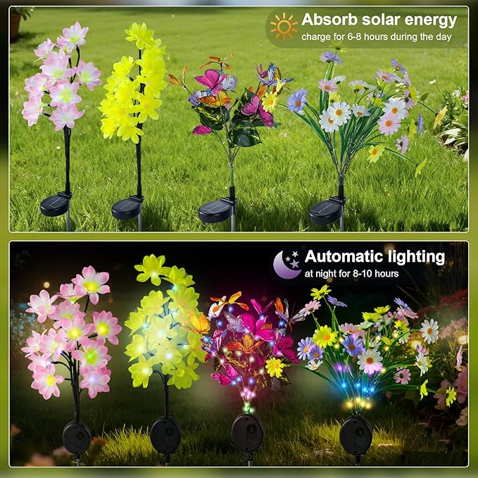 Solar Flowers Path Lights Outdoor 4 Pack, LED Chrysanthemum Decor, Waterproof Auto On/Off, Bigger Solar Panel for Yard, Patio, Garden Walkway Decoration Gift for Mom (Colour)