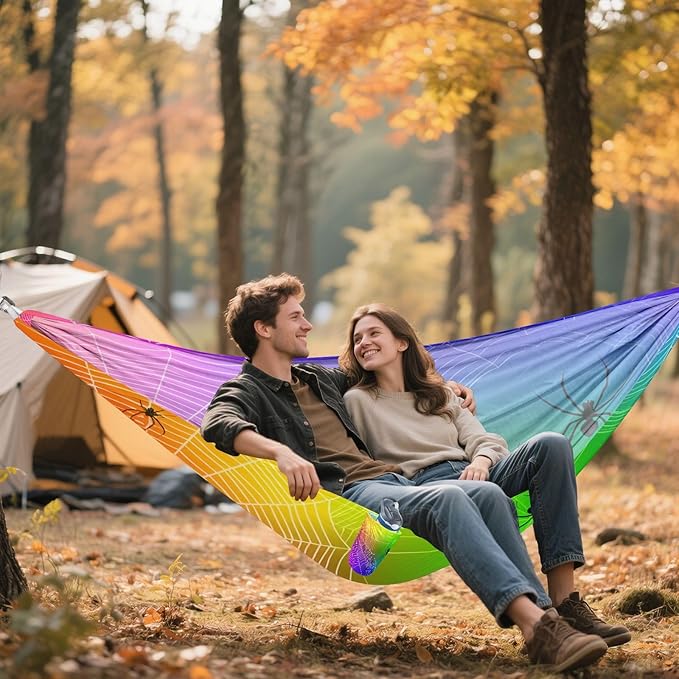 Hammocks for Outside Colorful Spiders Webs Camping Hammock Portable Hammocks with Tree Straps and Carry Bag Camping Accessories for Hiking Beach Outdoor