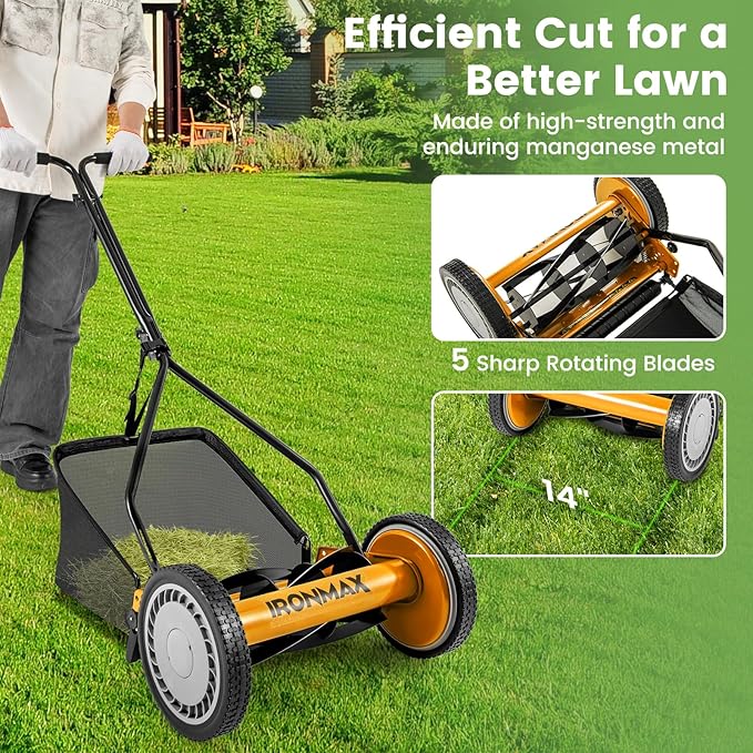 IRONMAX Lawn Mower, 14 Inch Push Reel Lawn Mower with 5 Steel Blades, Adjustable Cutting Heights, Grass Catcher Bag, Walk-Behind Manual Lawnmower for Garden Park Yard, No Motor (Orange, 14 Inch)