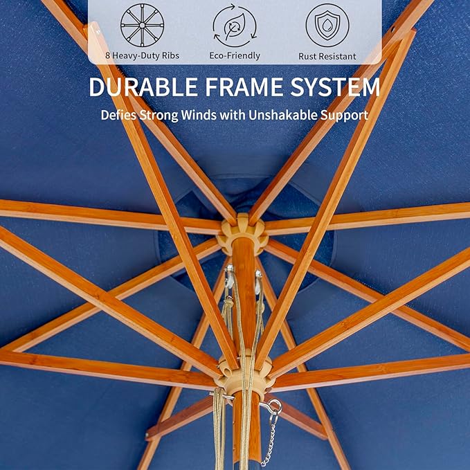 9FT/10FT Bamboo Patio Umbrella, Large Outdoor Umbrella with UPF 50+ Sun Protection, Rope Pulley Lift & Push-Button Tilt, 8-Rib Ventilated Canopy for Garden, Deck, Backyard & Outdoor Dining