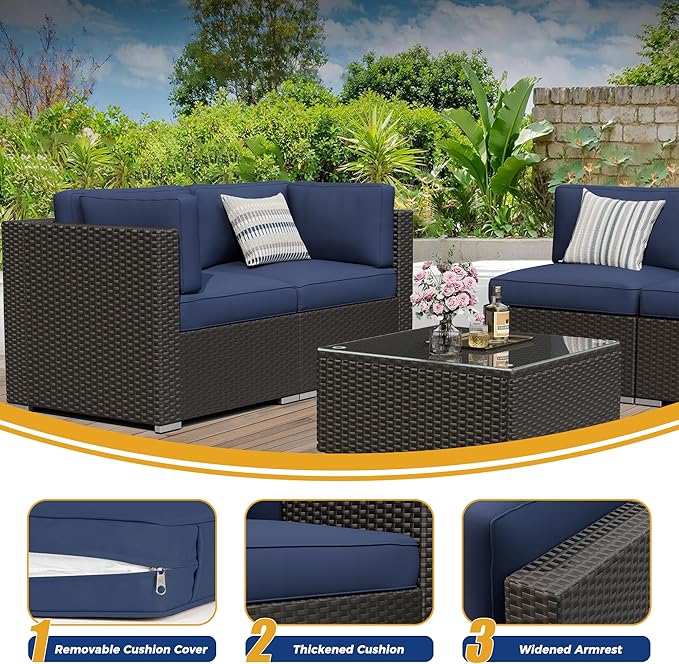 7 Pieces Outdoor Patio Furniture Set, Black Brown Wicker Patio Sectional Sofa Set, Outdoor Couch with Cushion and Tempered Glass Table, Dark Blue