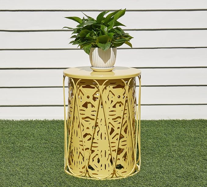HFHOME Set of 3 Metal Outdoor Side Table, Round Coffee Table for Indoor Outdoor, Heavy Duty End Tables Plant Stand Garden Stool- Yellow