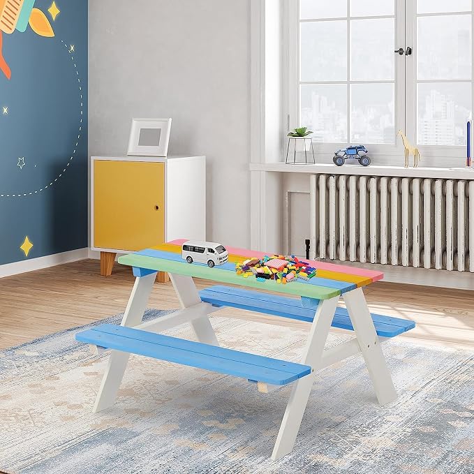 BTExpert Kids Picnic Table Wooden Child Children Activity Sensory Chair Bench Set - Wood