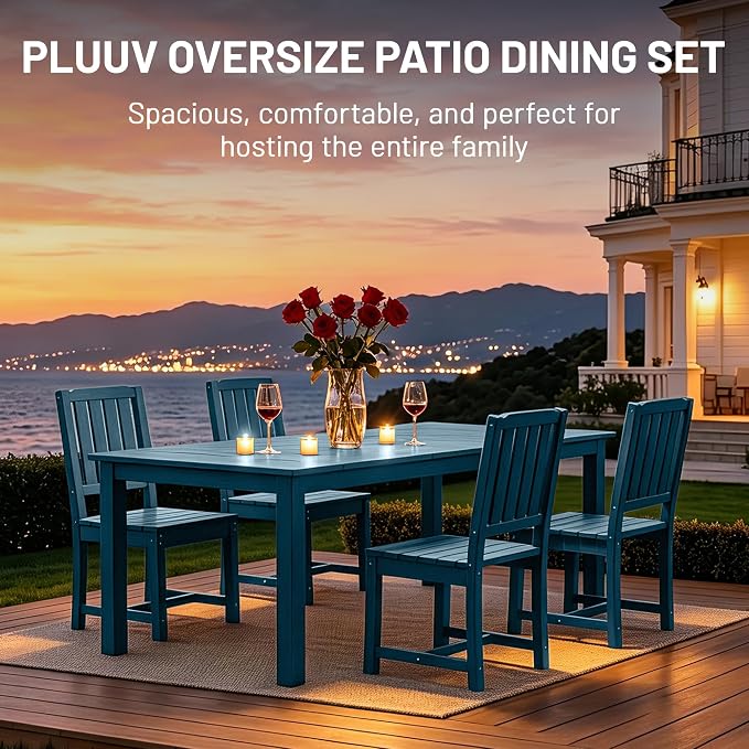PLUUV 5-Piece Outdoor Dining Set – HDPE Patio Furniture with Aluminum Table, Umbrella Hole, and 4 Armless Chairs, All-Weather Resistant for Garden & Backyard, Navy Blue