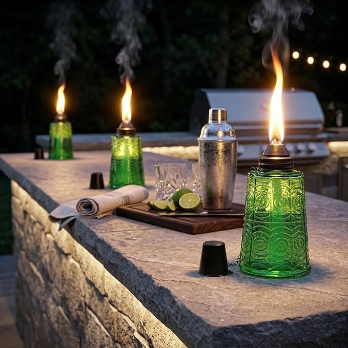 Seraphic Citronella Table Top Torches for Outdoor Patio, 16oz Decorative Glass Torch Citronella Candles for Outside Deck, Garden, Parties, Set of 3, Green