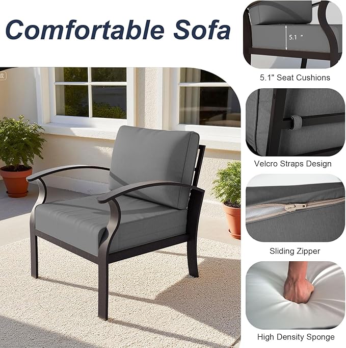 ALAULM Aluminum Patio Furniture Set with Coffee Table Rectangular, 6-seat Outdoor Sectional Furniture w/Swivel Chairs and 2 Ottomans, Patio Conversation Set for Porch, Backyard, Poolside-Grey
