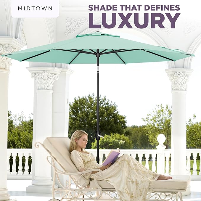 Midtown Umbrellas - The Lean 8 Ft Patio Umbrella with Fade-Resistant Sunbrella Fabric, Auto-Tilt Aluminum Frame and 8 Reinforced Ribs for Deck, Pool & Garden - Canvas Glacier Canopy, Black Pole