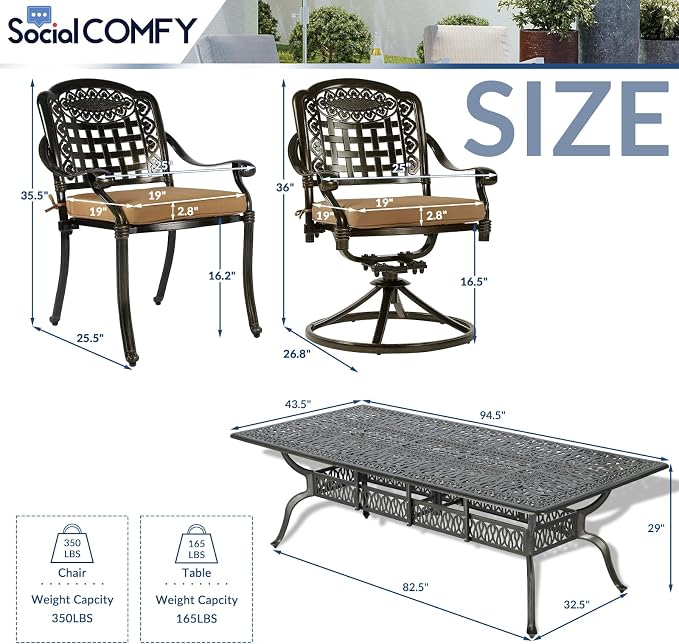 9-Piece Patio Cast Aluminum Dining Set, Outdoor Table and Chairs Set for 8, Includes 94.5" Rectangular Dining Table, 6 Stationary, 2 Swivel Dining Chairs with Umbrella Hole, Tan