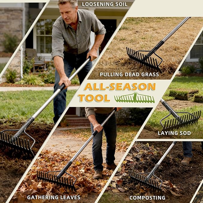 Bow Rake , 2-in-1 77in Metal Garden Lawn Rake for Weeding Digger Loosening Soil Raking Leaf Leveling Rocks Spreading Mulch Gravel 17 Tines Adjustable Garden Rake (77 Inch)