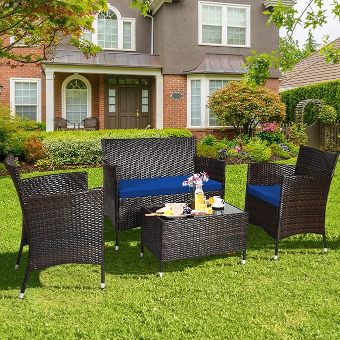 4 Pieces Patio Sofa Set, Wicker Conversation Set with Ergonomic Curved Backrest, Rattan Furniture Set with Water-Resistant Cushion & Tempered Glass Table for Balcony, Porch (Navy Blue)
