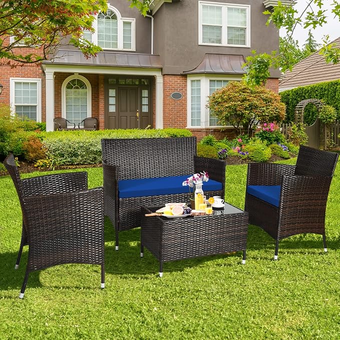 COSTWAY 4PCS Rattan Patio Furniture Set | Outdoor Wicker Rattan Chairs with Coffee Table, Rattan Cushioned Conversation Set for Backyard Balcony Porch Poolside, Navy
