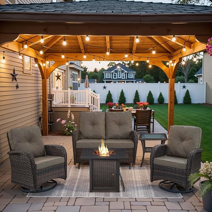 Belord 5 Pieces Patio Furniture Set with 30” Propane Fire Pit Table, Deep Seating Swivel Rocker Glider Outdoor Chairs Set of 4 with Side Table Set of 2 Patio Conversation Set Brown Wicker